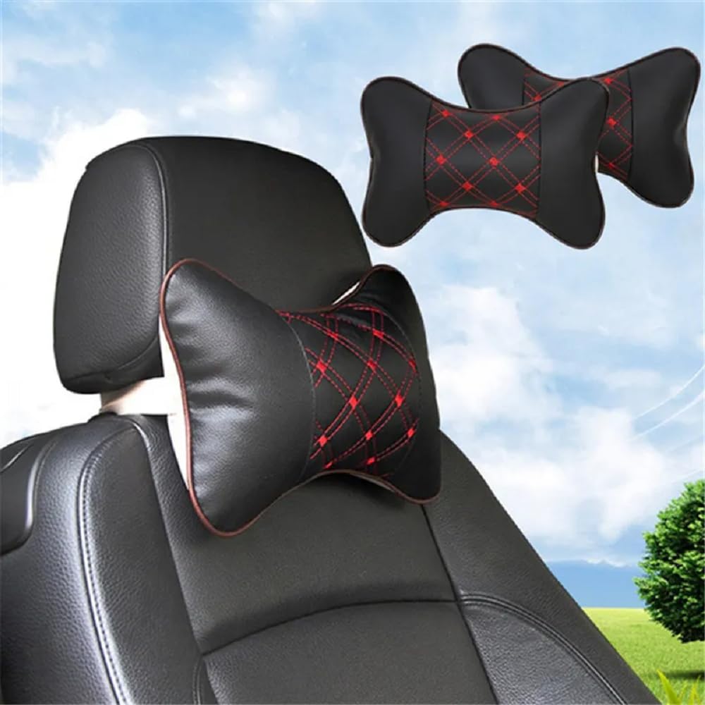 Faux Leather Car Neck Rest Pillow, Pillow Compatible With All Cars - Black & Red | Neck & Head While Driving Pillow For Neck Pain Relief | Light Weight, Adjustable - Pack Of 2
