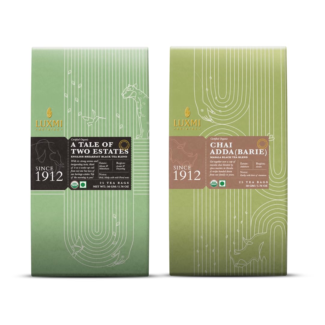 Luxmi Estates A Tale Of Two Estates + Chai Adda Barie Black Tea Pack Of 2 - 50gm, 1.7 Ounce, 25 Tea Bags Each | USDA Organic Certified Tea - High Caffeine Black Tea