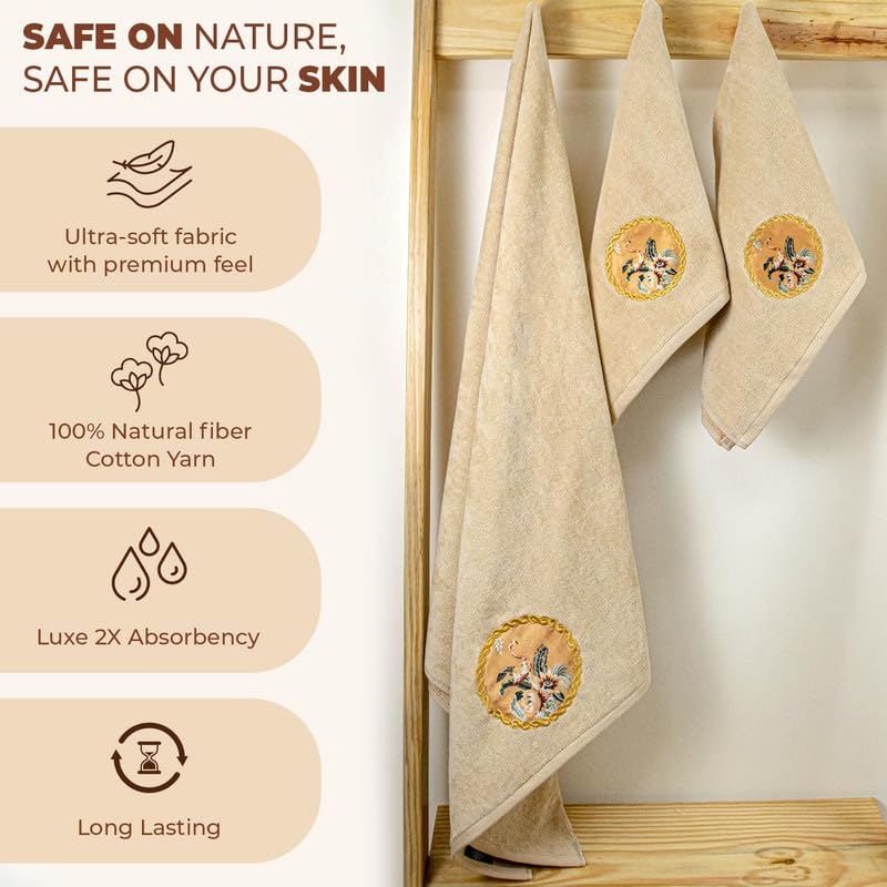 Akiko Home Prima Dream 100% Cotton 1 Bath & 2 Hand Towel 1000 Gsm | Soft, Absorbent & Durable, Cotton Bath Towel | Pack Of 3 (Beige)