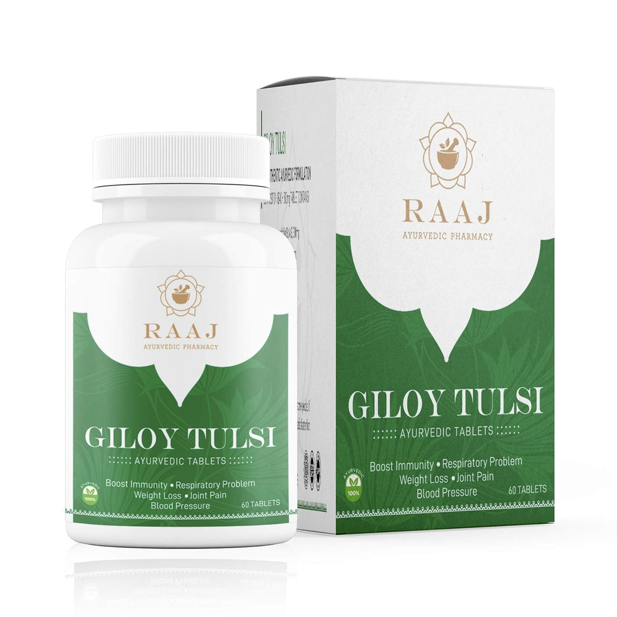 Raaj Ayurvedic Pharmacy Giloy Tulsi Tablets Natural Immunity Booster Ayurved Supplement Enhances Strength & Stamina, Natural Immunity Booster, Purifies Blood | 60 Tablets 100gm Each Pack Of 3