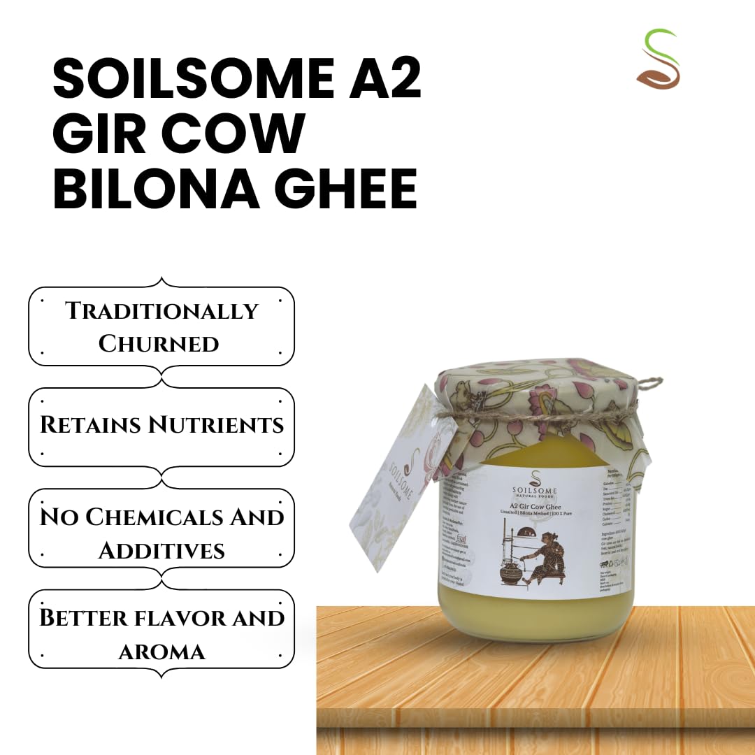 100% Pure A2 Gir Cow Ghee By Soilsome | Delicious & Nutrients Protein Fiber Vedic Bilona Method Healthy Desi Ghee Good For Laddus | (500ml) 16.9 Ounce | Jar Pack