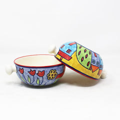 Exotic Panorama Ceramic Snack Bowls With Handles - 2 Pieces, 300ml Each, Multicolor | Hand Painted Handled Soup Bowls - Ceramic Snacks Serving Bowls Set | Microwave Safe & Dishwasher Safe