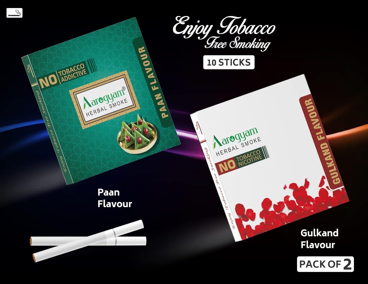 Aarogyam Herbals Pack Of 2 Flavours 100% Tobacco & Nicotine Free Cigarette For Relieve Stress & Mood Enhance Product Paan, Gulkand - 10 Sticks X 2 Packets