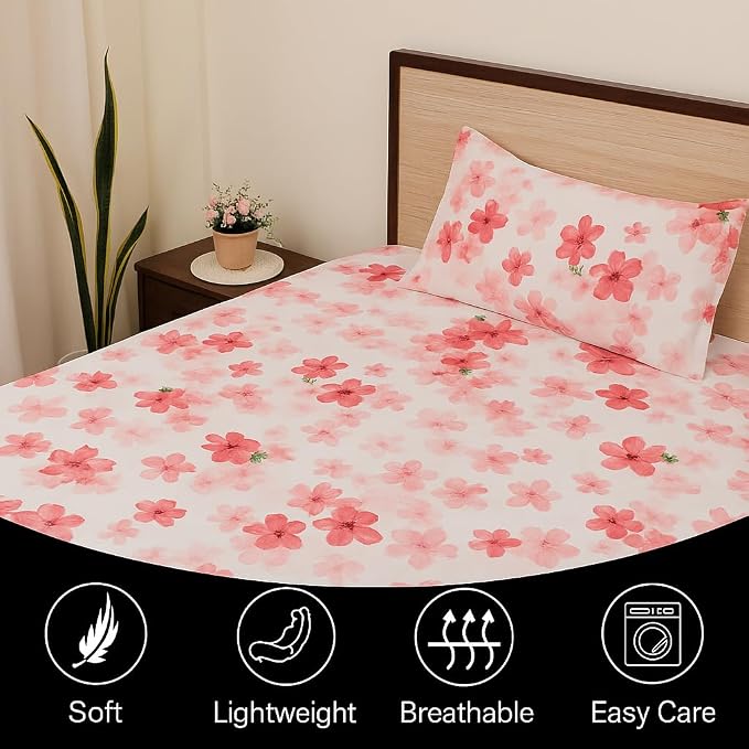 King Bed Bedsheet With Pillow Cover Ultra Soft & Durable - 102x108 Inches, White | Microfiber Printed Pink Floral Bedsheet For Double Bed