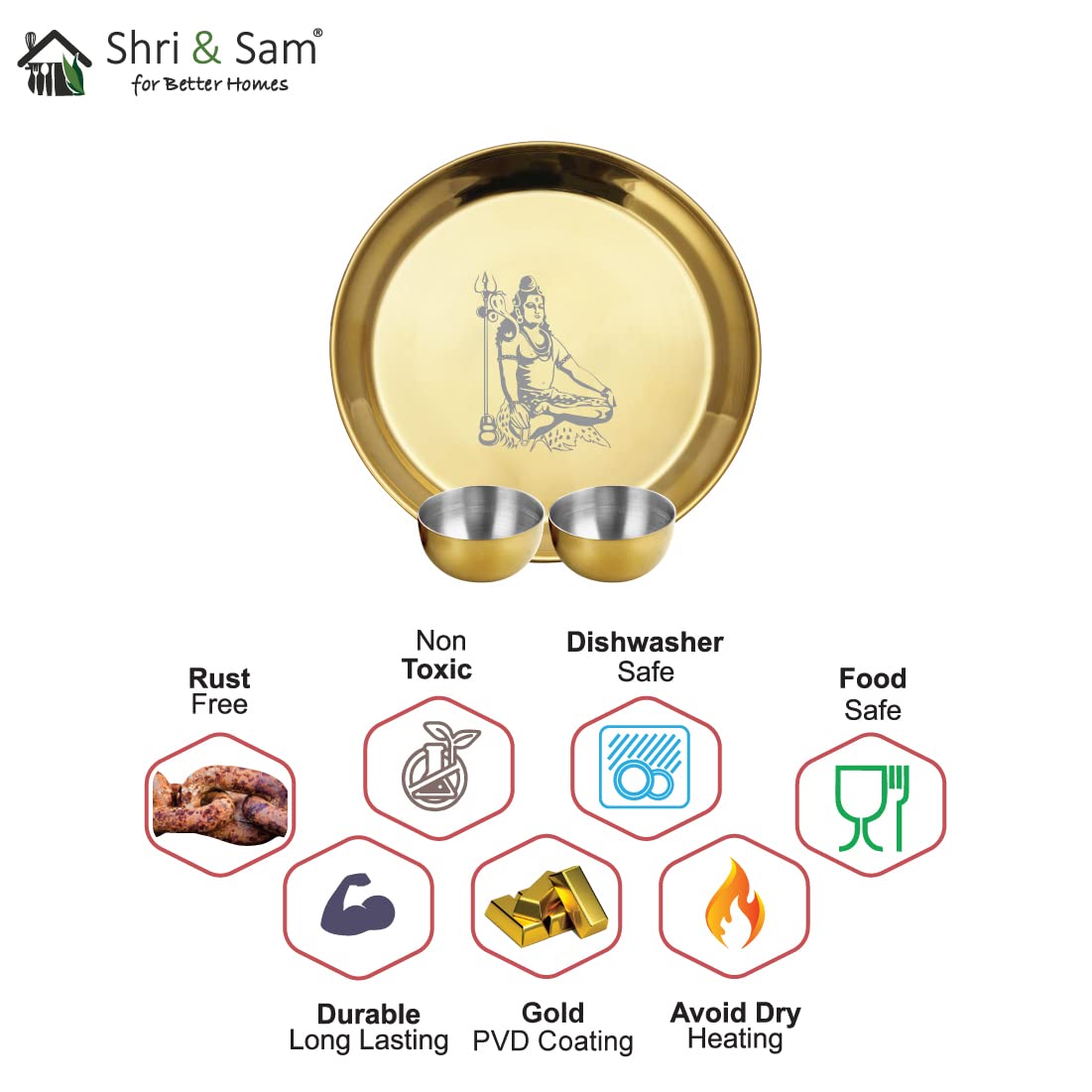 Stainless Steel Shiv Ji Pooja Thali Set Of 3, Gold PVD Coating | 1 Pooja Thali+ 2 Katoris - Easy To Clean & Dishwasher Safe