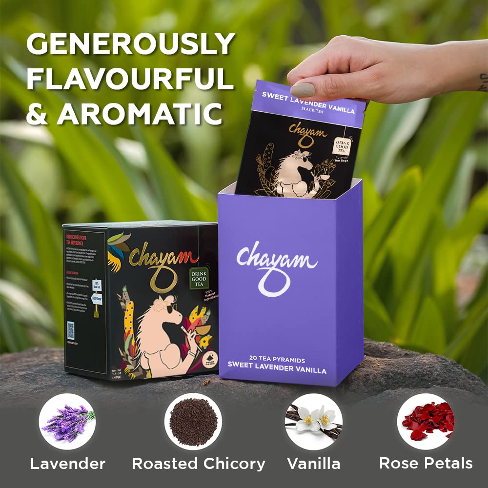 Chayam Sweet Lavender Vanilla Tea - 20 Pyramid Tea Bags | Blended With Lavender, Roasted Chicory, Vanilla & Rose Petals - Make Iced Or Hot Tea | Low Caffeine, Gluten Free, No Added Sugar