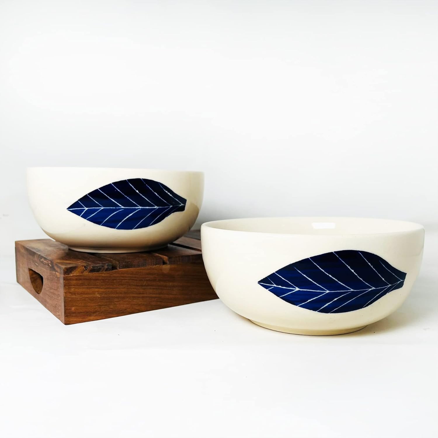 Patram Ceramic Serving Bowl Set Of 2 Pieces - 800ml Each, White & Blue | Hand Painted Large Dining Serving Bowls For Serving | Microwave Safe & Dishwasher Safe