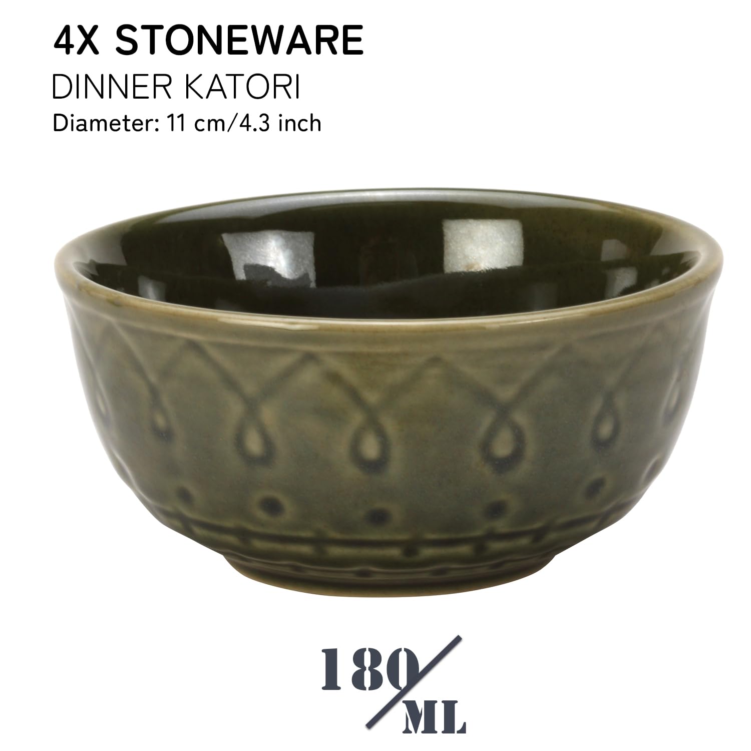 Ceramic Hand Glazed Stoneware Embossed Dinner Katori Set Of 4 - 180ml Each, Moss Green | Microwave Safe & Dishwasher Safe - Small Serving Bowl Set