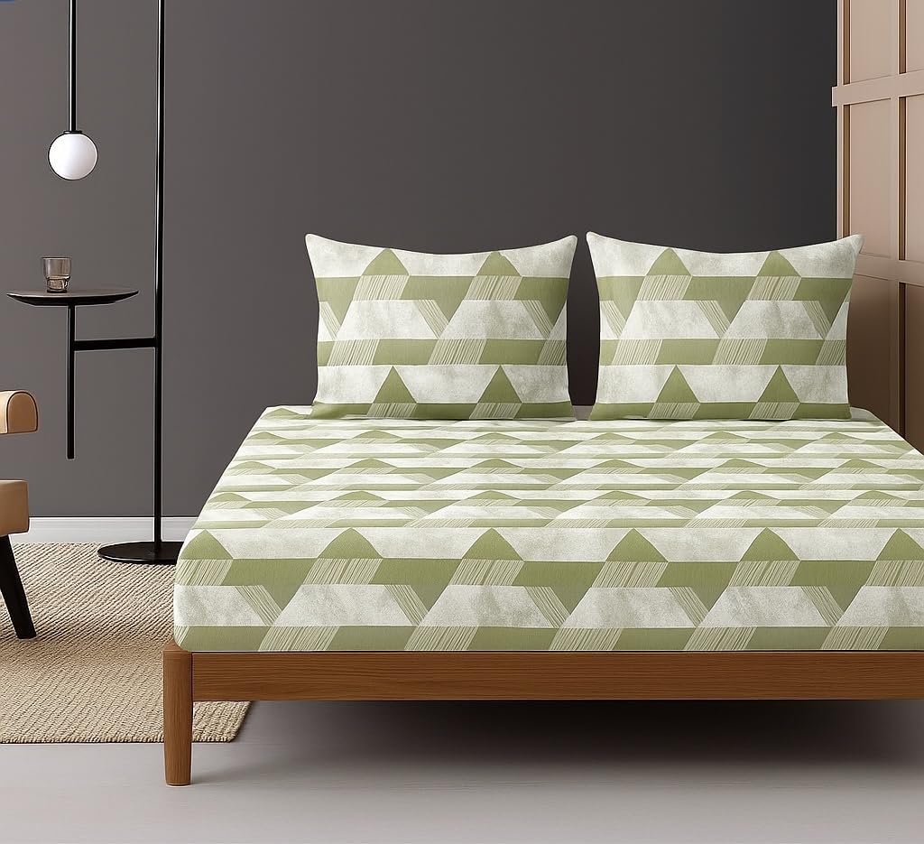 1 Bedsheet For Double Bed With 2 Pillow Covers - 90 X 100 Inches, Light Green & Grey | Premium Cotton Material Double Bedsheet Queen Size | Skin Friendly & Long Lasting
