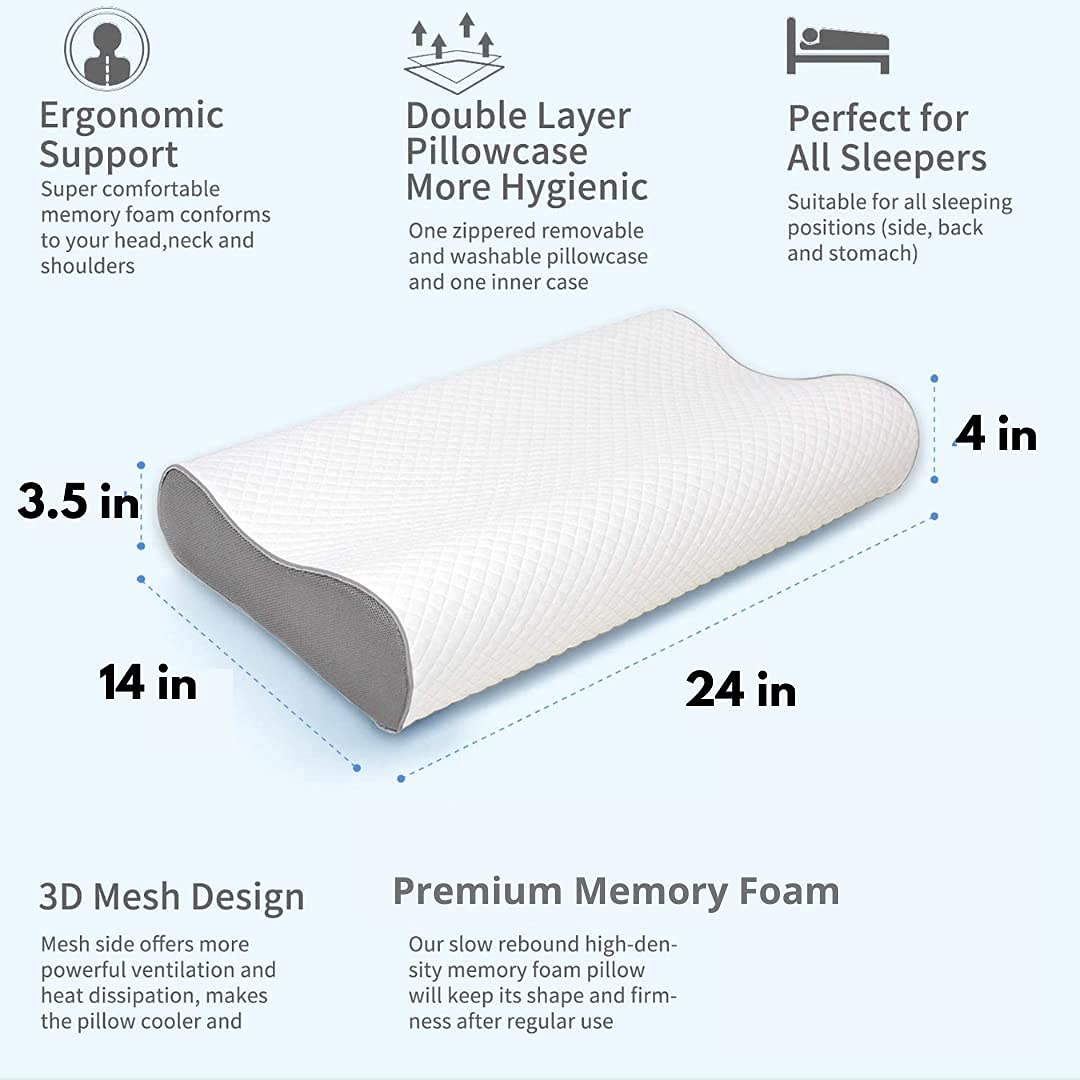 Cervical Contour Memory Foam Pillow For Sleeping, White & Grey - 19 X 12 X 4 Inch | Orthopedic Pillow For Neck Pain | Support For Back, Stomach, Side Sleepers, With Breathable Zip Cover