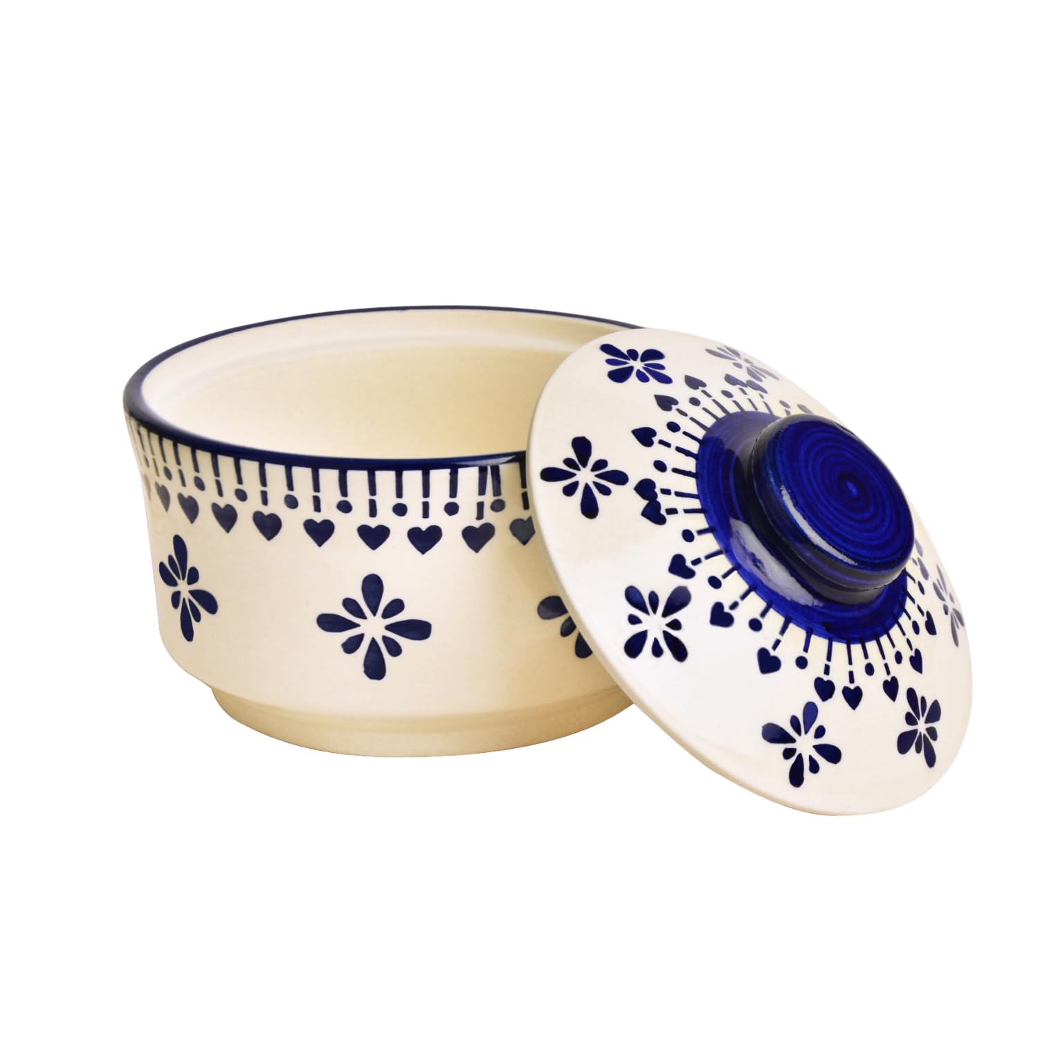 Hand Painted Ceramic Serving Donga With Lid Set Of 3 - Blue & White, 900ml, 500ml & 300ml | Dinner Serving Casserole Set