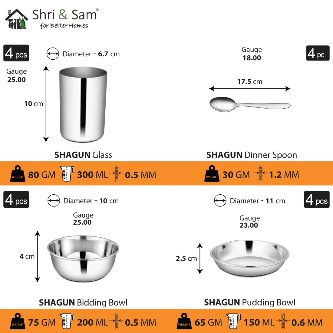 Stainless Steel Shagun Solid Dinner Set Of 24 Pcs, Silver | 4 Dinner Plates+ 4 Side Plates+ 4 Glasses+ 4 Dinner Spoon+ 4 Bidding Bowl+ 4 Pudding Bowl