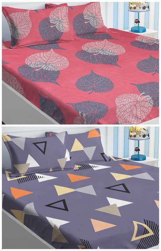 Combo Pack Of 2 Double Bedsheet With 4 Pillow Covers | 90 X 90 Inches, Pink & Grey - Super Soft Premium Brushed Glace Cotton Bedsheet, Breathable & Wrinkle Free