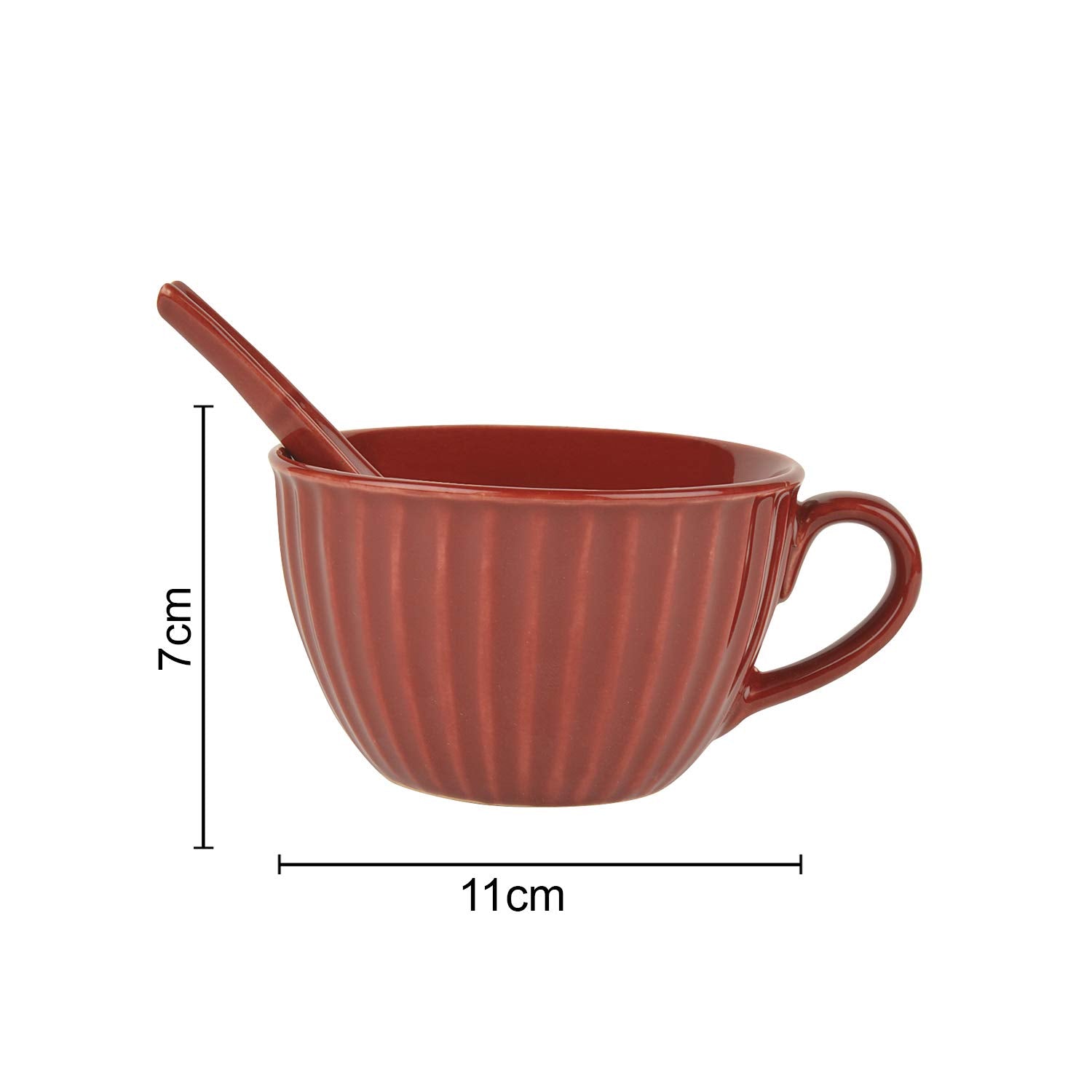 Studio Pottery Hand Glazed Ceramic Soup Cup With Spoon Set Of 4 - 300ml Each, Cherry Red | Cereal Cups - Maggi Serving Bowls