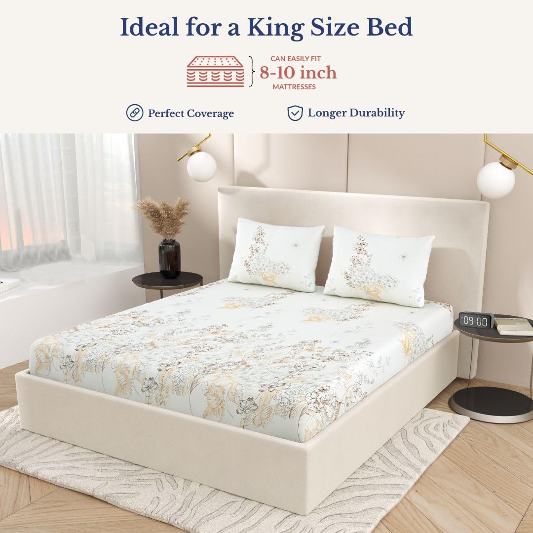 Super King Pure Cotton Bedsheet With 2 Pillow Covers | 108 × 108 Inches, Cream & Brown | Soft Breathable Floral Design Bedding | Comfortable Sleep All Year