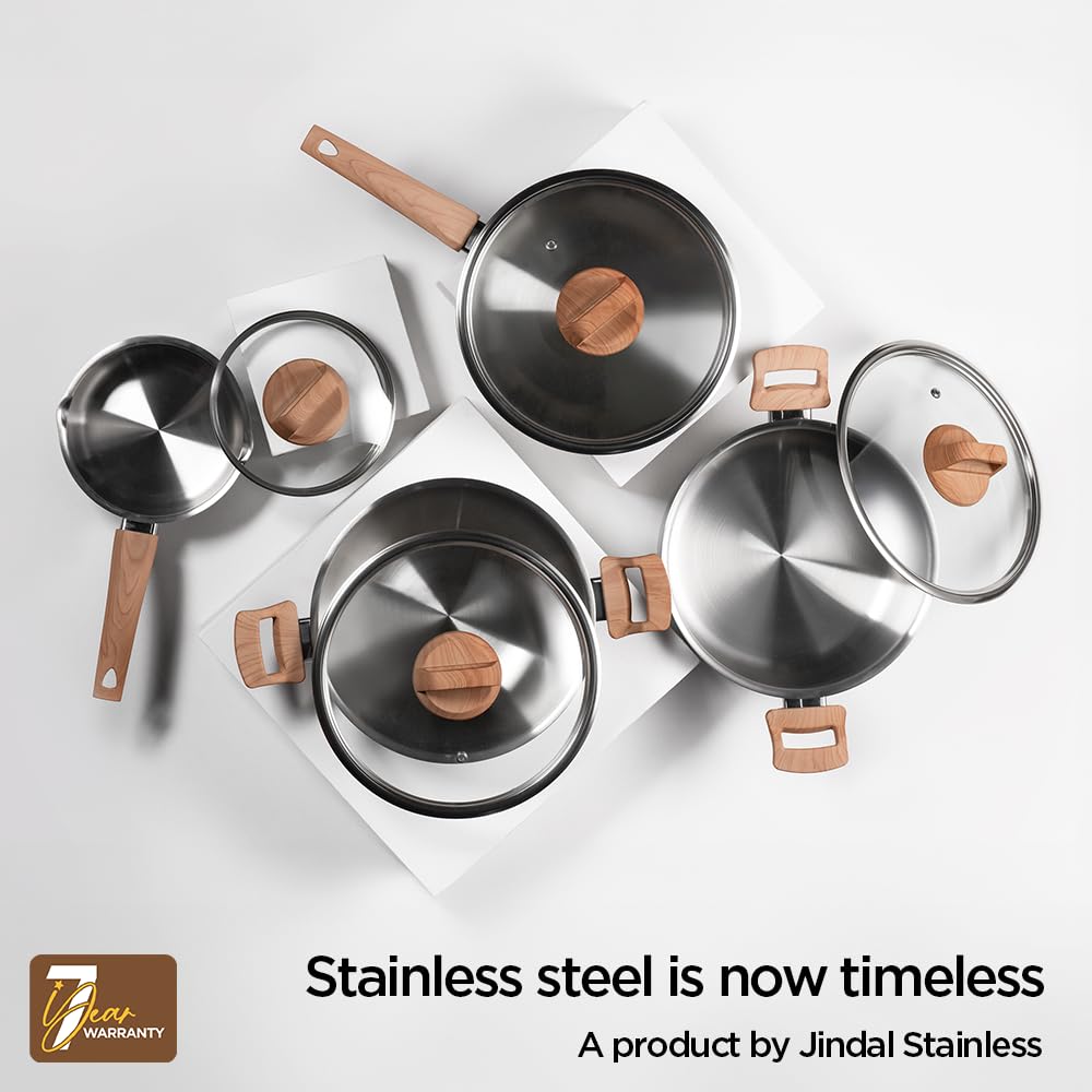 Timber Stainless Steel Triply Kadhai With Glass Lid - 22 Cm, 2.1 Liters | Wood Finished Handle - Gas & Induction Base