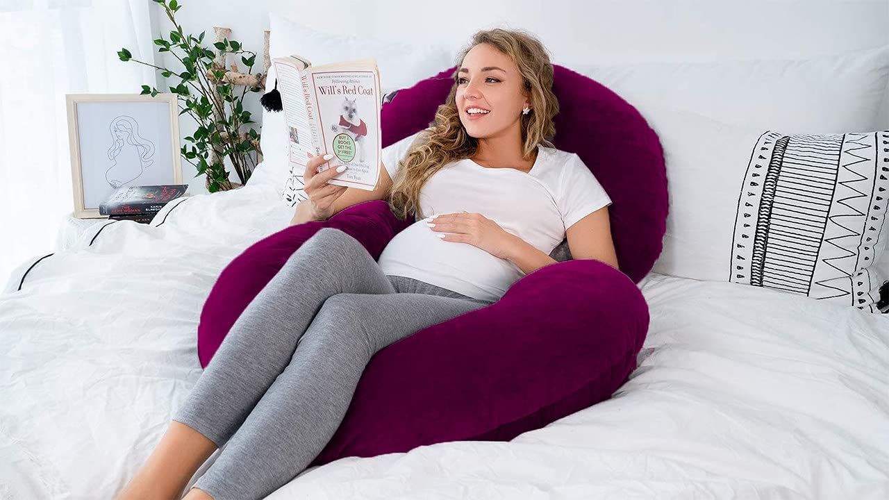 Pregnancy Pillow, Maternity Body Pillow For Sleeping, C Shaped Pillow, Wine - 55 Inch | Full Body Pillow, Pregnancy Pillow For Pregnant Women, Support Belly & Back, Removable Velvet Cover