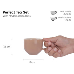 Ceramic Tea Cups Set Of 6 - Nude Rim, 200ml Each | Tea Cup Set Of 6 - Premium Stoneware Tea Set With Glossy Finish | Ceramic Tea Cup - Small Cups For Tea | Microwave Safe & Dishwasher Safe