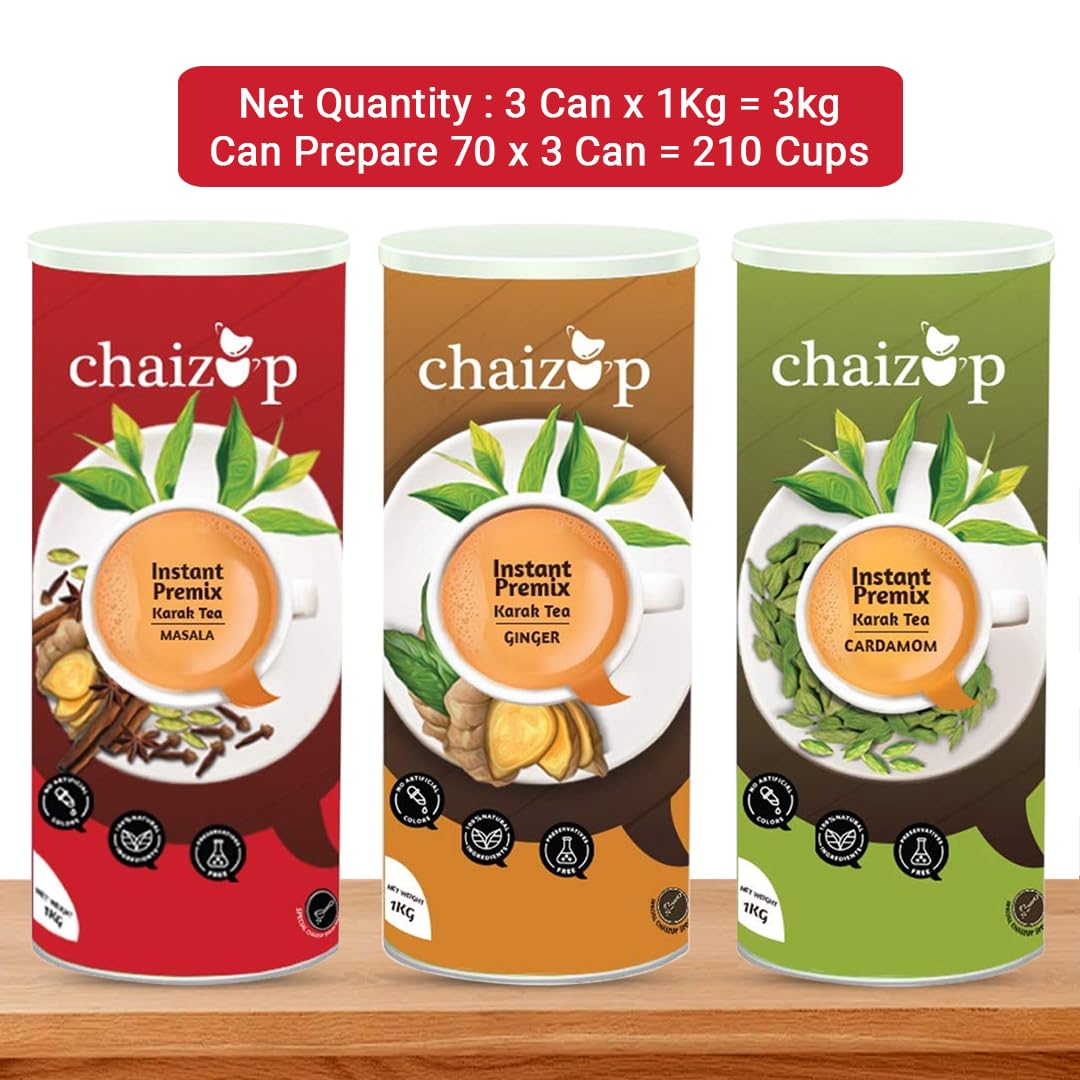 Chaizup Premium 1 Min Instant Assorted Tea Pack - Pack Of 3 X 1 Kg Cans, 35.2 Ounce Each | Cardamom+ Ginger+ Masala Flavor Kadak Chai Powder - Low Caffeine