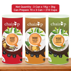 Chaizup Premium 1 Min Instant Assorted Tea Pack - Pack Of 3 X 1 Kg Cans, 35.2 Ounce Each | Cardamom+ Ginger+ Masala Flavor Kadak Chai Powder - Low Caffeine