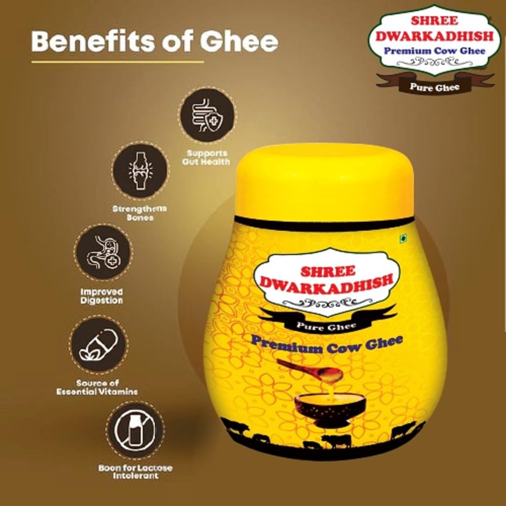Premium Desi Cow Ghee By Shree Dwarkadhish | Rich In Nutrients & Healthy Desi Cow Ghee Good For Baking | (1 Litr) 33.8 Ounce | Jar Pack