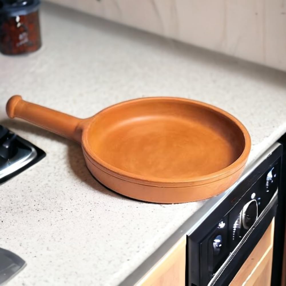 Handmade Unglazed Clay Fry Pan - Eco Friendly Earthen Terracotta Mitti Frying Pan 10 Inches, Red-Ochre (Gerua)