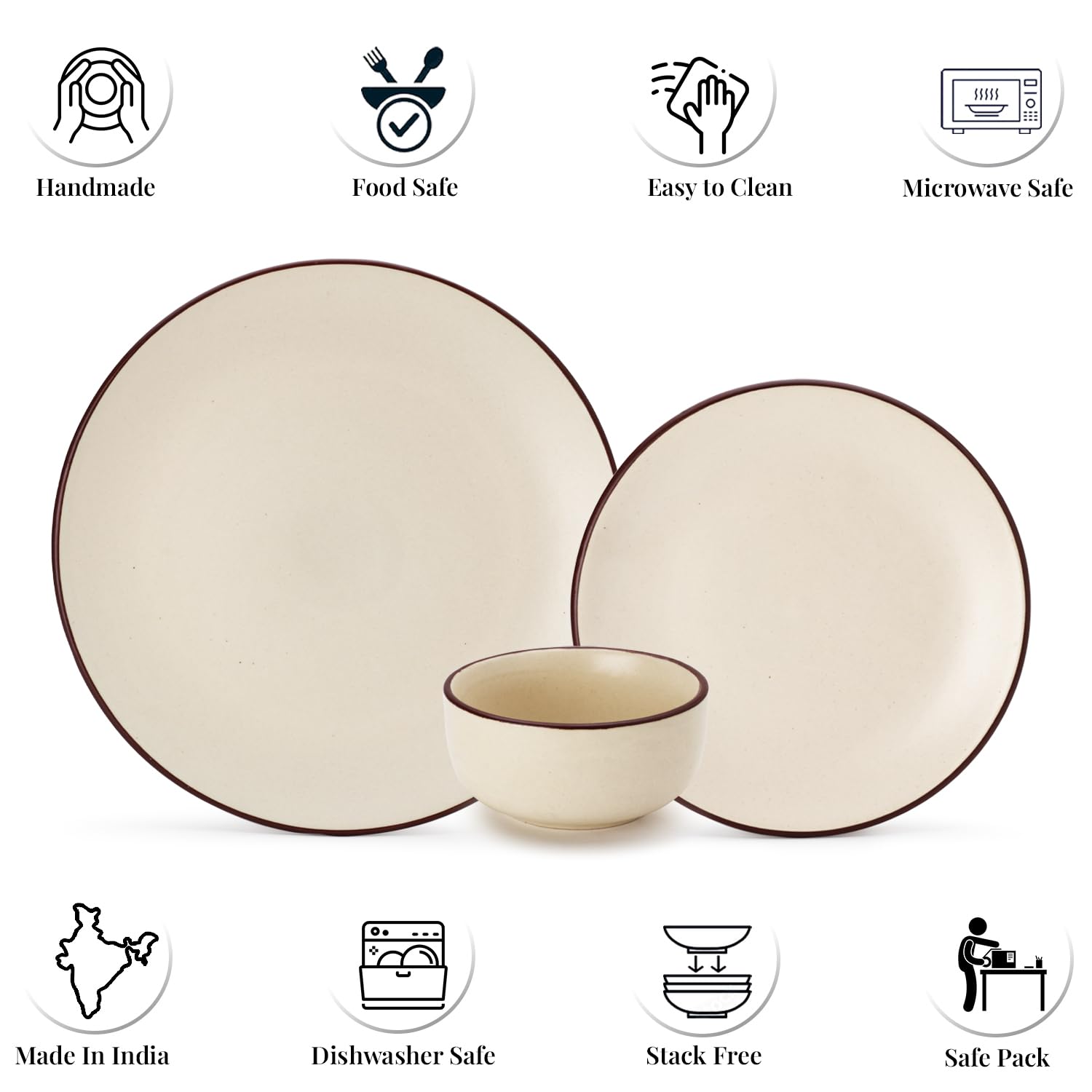 Handcrafted Ceramic Stoneware Dinner Set - Pack Of 12 Pcs, Off-White | 4 Dinner Plates, 10.6 Inch Each + 4 Small Plates, 7.4 Inch Each+ 4 Small Dinner Bowl, 170ml Each - Microwave & Dishwasher Safe