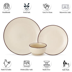 Handcrafted Ceramic Stoneware Dinner Set - Pack Of 12 Pcs, Off-White | 4 Dinner Plates, 10.6 Inch Each + 4 Small Plates, 7.4 Inch Each+ 4 Small Dinner Bowl, 170ml Each - Microwave & Dishwasher Safe