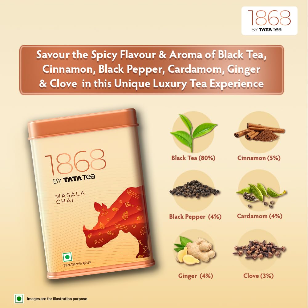 1868 By Tata Tea Masala Chai - 100gm, 3.5 Ounce | An Aromatic, Spicy & Full Of Flavor Premium Black Tea - Assam Masala Black Tea With Spices
