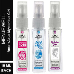 Menjewell Rose+ Aqua For Women+ Mysterious Girl Eau De Parfum Pack Of 3x 0.3 Fl.oz. | Pocket Perfume Combo For Women | Daily Wear