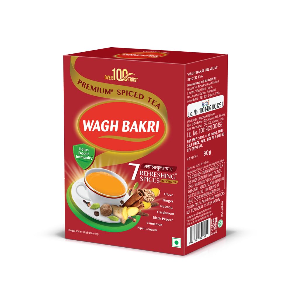 Wagh Bakri Premium Spiced Tea With 7 Refreshing Spices - 500gm, 17.6 Ounce | Rich Color, Strong & Refreshing Taste, Awesome Aroma Chai Patti - Preservatives Free, Artificial Flavor Free