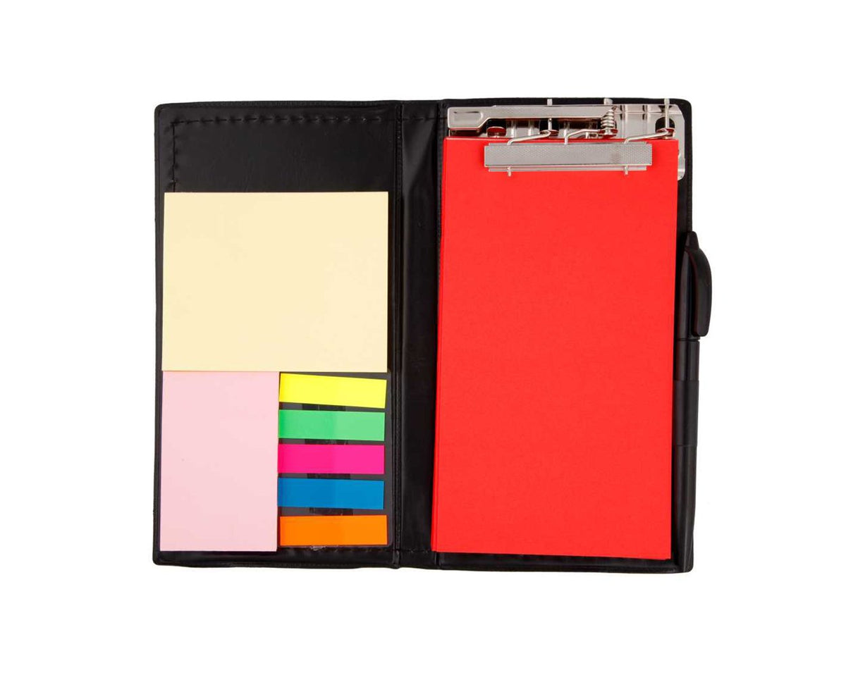 Sticky Notes, Clip Holder & Pen | Desk & Office Organizer Notebook (Crimson Red)