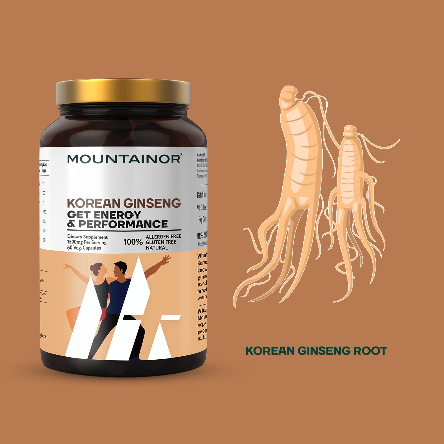 Mountainor Pure Korean Ginseng Root Extract Capsules 1500mg Plant Based Supplement, Advanced Endurance Support For Men & Women, Improves Strength, Stamina | 60 Veg Capsules 100gm 0.2lbs