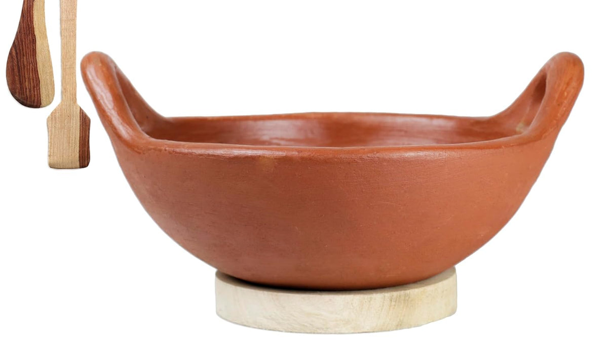 Deep Burned Uncoated Clay Kadai With Handle With 2 Wooden Spatulas Complimentary For Cooking & Serving - Red, 1 Liter | Pre-Seasoned Mud Kadhai - Unglazed, Double Fired, Hand Crafted