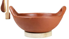 Deep Burned Uncoated Clay Kadai With Handle With 2 Wooden Spatulas Complimentary For Cooking & Serving - Red, 1 Liter | Pre-Seasoned Mud Kadhai - Unglazed, Double Fired, Hand Crafted