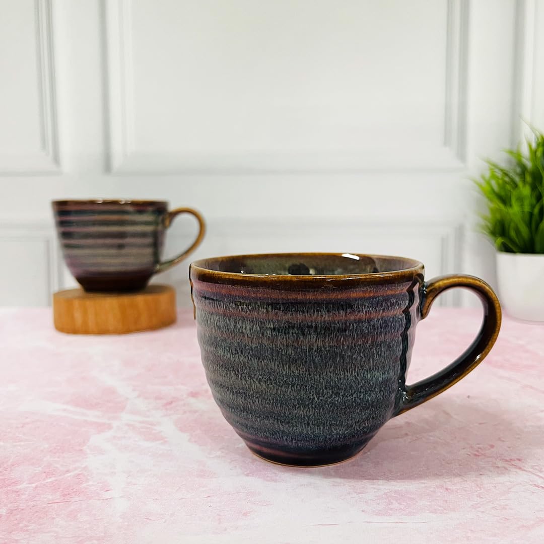 Rustic Ripple Ceramic Coffee Mug Set Of 2 Pieces - 330ml Each | Ceramic Mugs For Coffee, Tea, Milk - Microwave Safe & Leak Proof