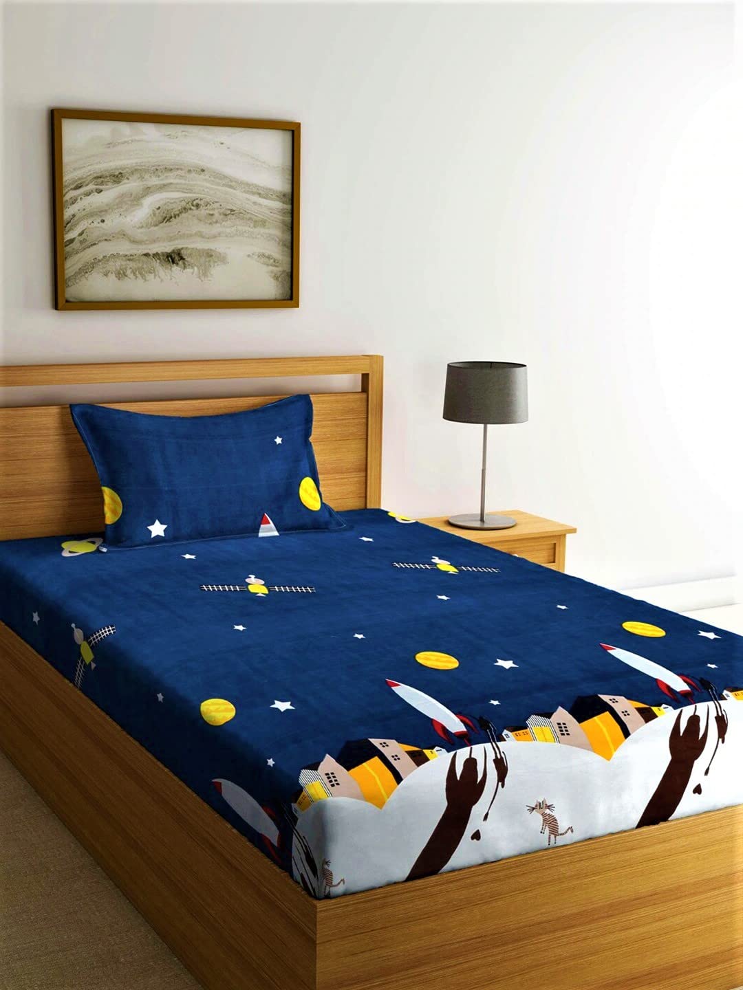 Single Bedsheet With One Matching Pillow Cover - 55 X 90 Inches, Blue | Microfiber Kids Galaxy Bedsheet | Normal Hand Wash Or Machine Wash