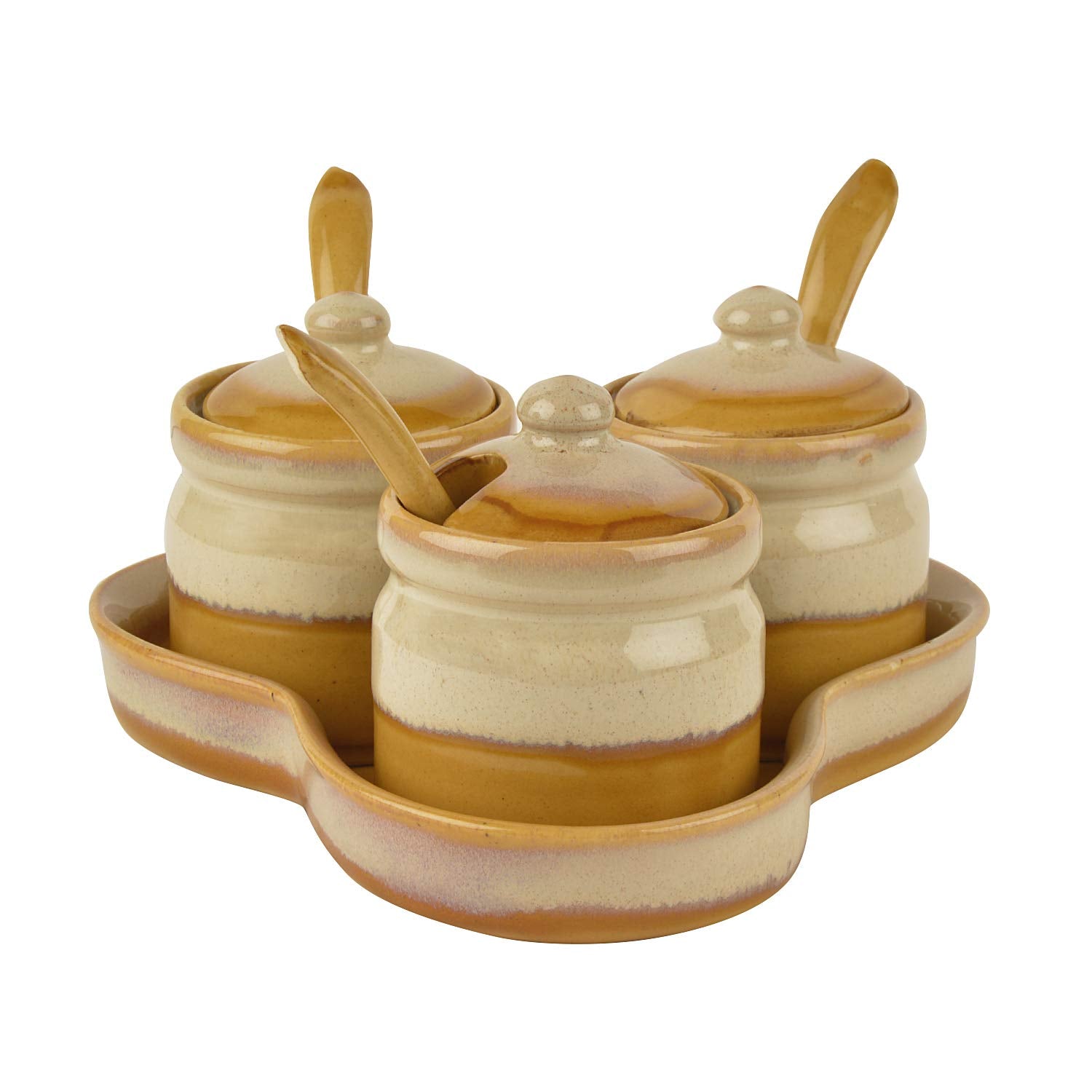 Studio Pottery Dual Tone Ceramic Pickle Serving Jar Set With Spoon & Tray Set Of 3 - Beige & Sand Yellow | Condiment Set - Pickle Jar Set For Dining Table | Masala Container