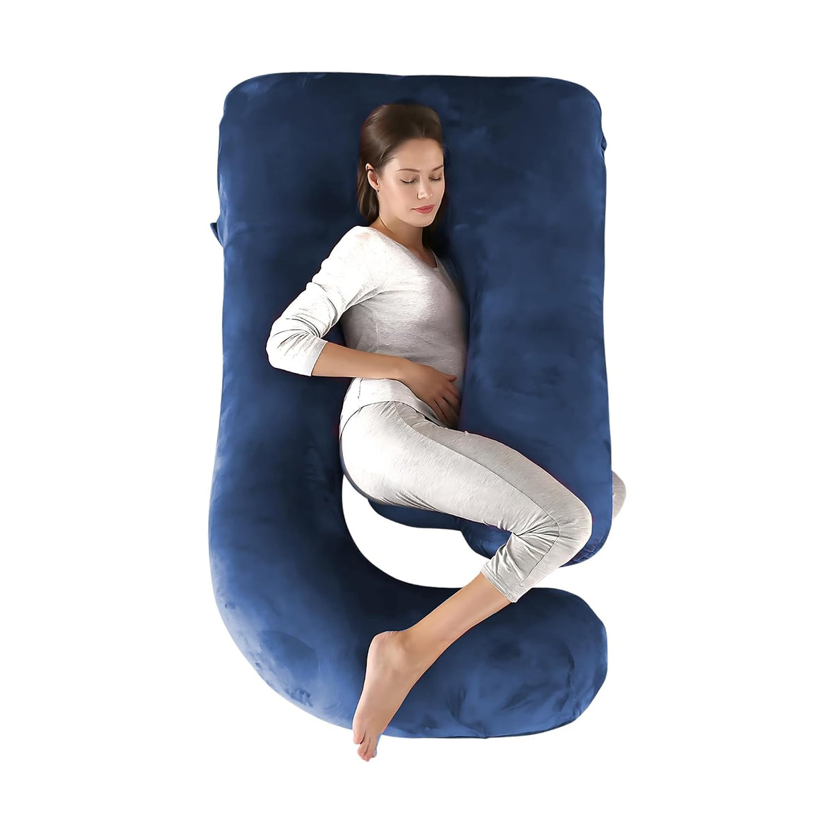 J Shape Full Body Pillow, Pregnancy Pillows For Sleeping, Dark Blue Color | Maternity Pillows For Back, Hips, Legs, Belly | For Pregnant Women With Removable, Washable Blue Velvet Cover