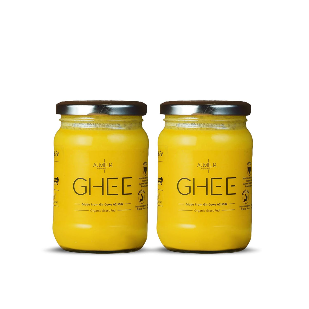 Natural Premium A2 Gir Cow Bilona Desi Ghee By Aumilk | Rich In Nutrients Healthy Desi Cow Ghee For Helps Improve Digestion | 500ml (250ml * 2) 16.9 Ounce | Jar Pack