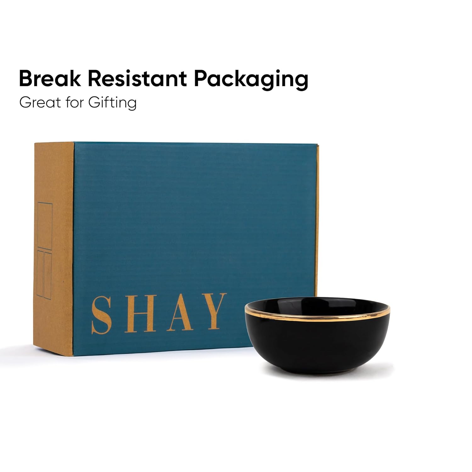 Ceramic Bowl Set Of 4 Pieces For Snacks - 330ml Each, Black Gold | Maggie Bowl, Noodle Bowl With Glossy Finish - Premium Stoneware | Microwave Safe & Dishwasher Safe