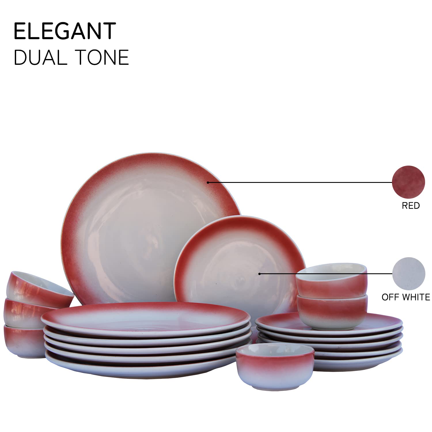 Handcrafted Ceramic Stoneware Dinner Set Of 18 - Off White & Red | 6 Dinner Plates, 10 Inch Each+ 6 Small Plates, 7 Inch Each + 6 Small Dinner Bowls, 180ml Each | Microwave & Dishwasher Safe