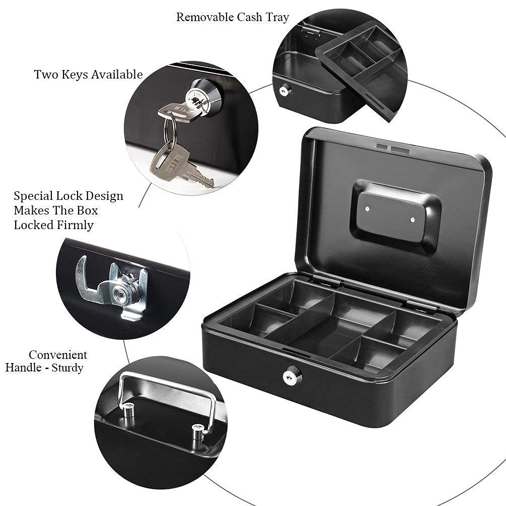 Small 10" Cash Box With Key Lock, Portable Petty Cash Box With Coin Tray, Money Safe Box, Colour - Black, Material - Alloy Steel