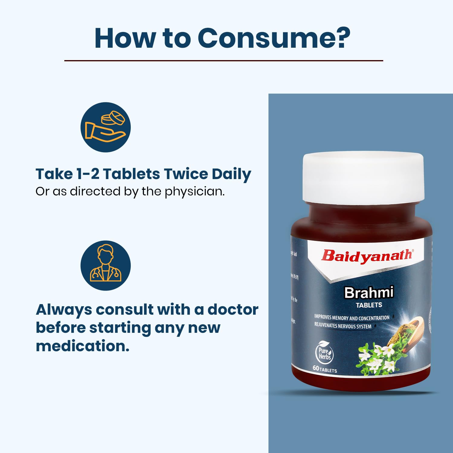 Baidyanath Brahmi Tablets Helps To Handle Life’s Daily Stress, Promotes Mind Relaxation | 60 Tablets 100gm 0.2lbs