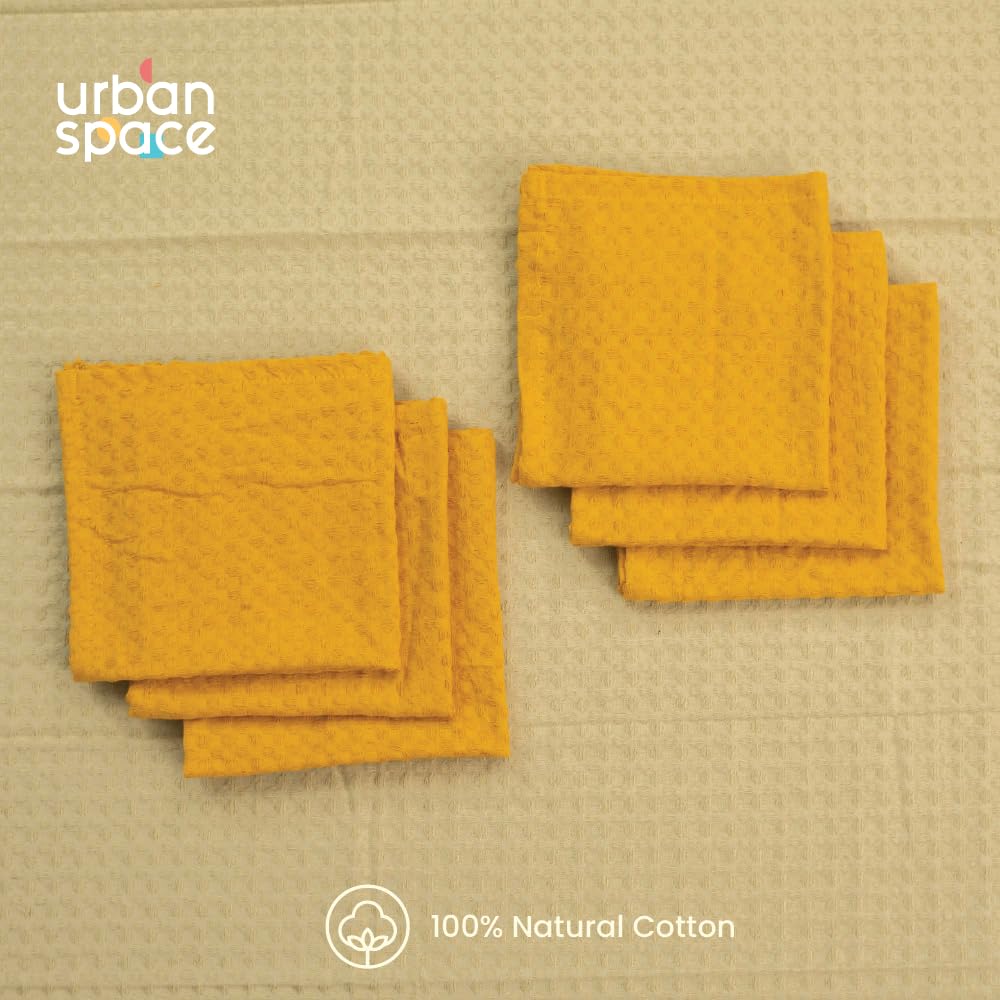 Urban Space 100% Cotton Waffle Multipurpose Hand Towel 150 Gsm | For Kitchen, Machine Washable & Reusable - Set Of 6 (Mustard)