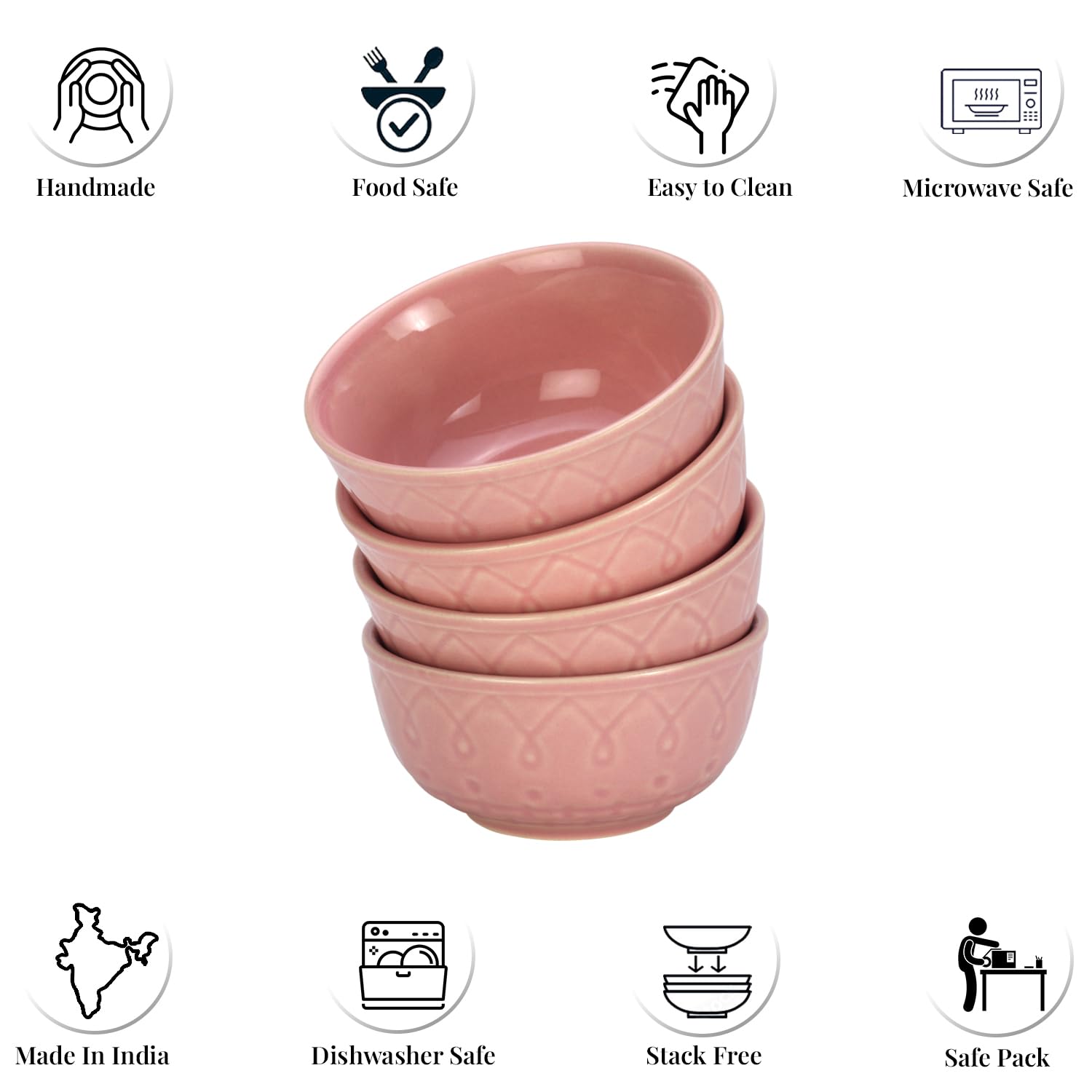 Ceramic Hand Glazed Stoneware Embossed Dinner Katori Set Of 4 - 180ml Each, Light Pink | Microwave Safe & Dishwasher Safe - Small Serving Bowl Set