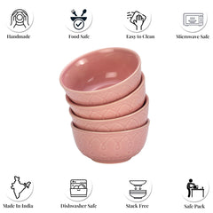 Ceramic Hand Glazed Stoneware Embossed Dinner Katori Set Of 4 - 180ml Each, Light Pink | Microwave Safe & Dishwasher Safe - Small Serving Bowl Set