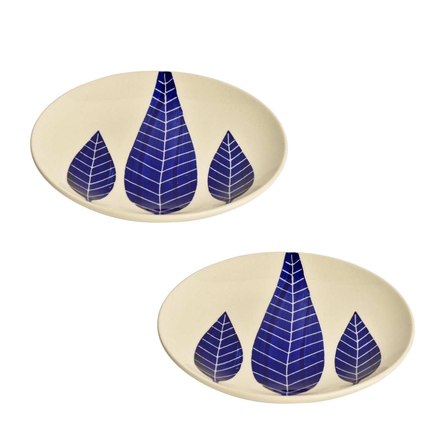 Hand Painted Ceramic Blue Leaf Quarter Plates Set Of 2 - 7 Inches, Blue & White | Dishwasher Safe Small Side Plates - Microwave Safe Snack Plates