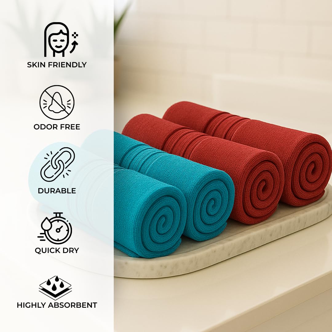 Akiko Home 100% Cotton Essential Series Face Towel 600 Gsm | Soft Absorbent & Durable Washcloth For Men & Women, Compact Travel Towel -Pack Of 4 (Teal & Maroon)