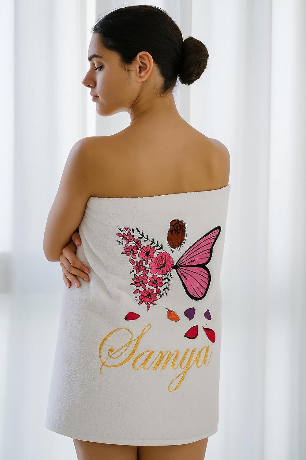Turtlelittle 100% Cotton Vanity Butterfly Lady Personalised Bath Towel For Women 600 Gsm (White)